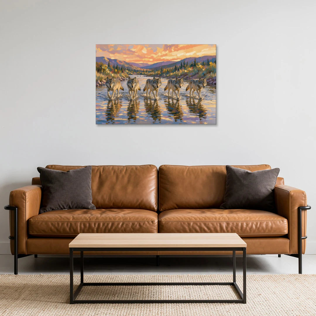 Wolf Pack Painting River Crossing at Sunset - Canvas Wall Art - Sofa - 36x24