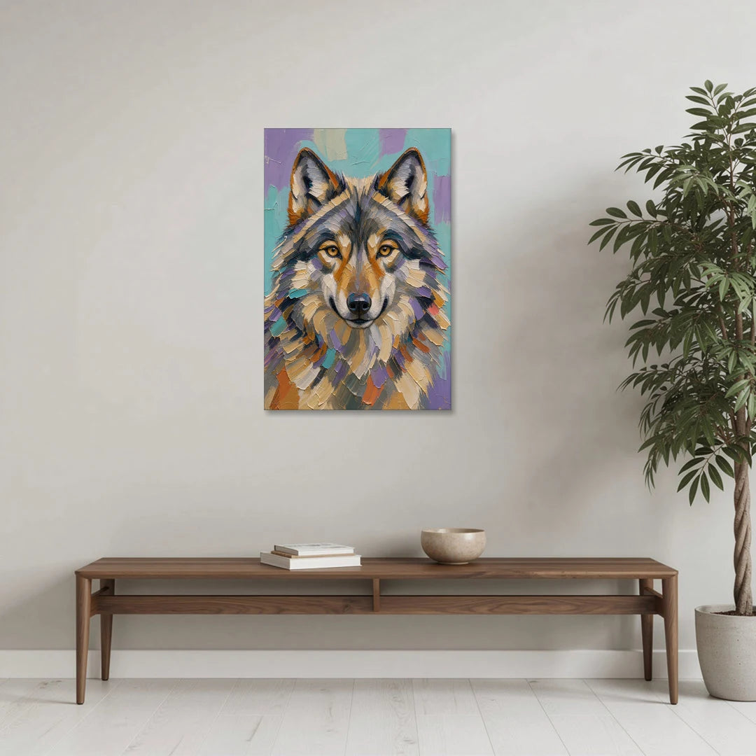 Wolf Portrait Painting in Knife-Cut Pastels - Canvas Wall Art - Coffee Table - 24x36