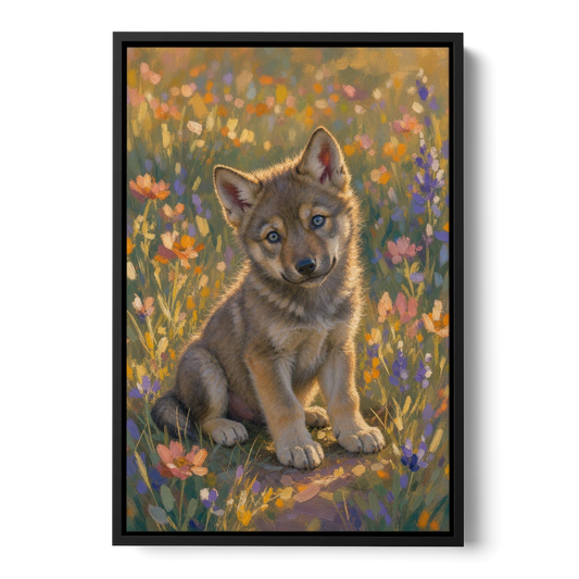 Wolf Pup Painting with a Curious Tilt - Black Framed Canvas Wall Art - Front