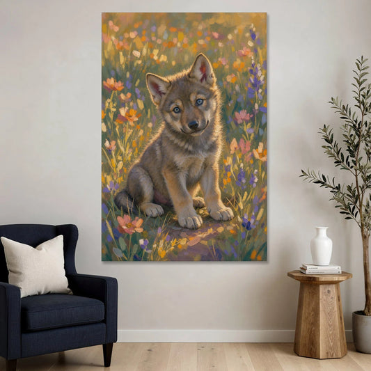 Wolf Pup Painting with a Curious Tilt - Canvas Wall Art - Sofa - 40x60