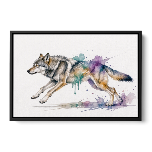Wolf Watercolor Painting in Full Stride - Black Framed Canvas Wall Art - Front