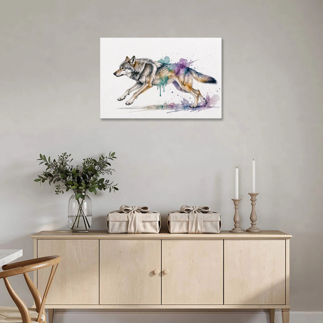 Wolf Watercolor Painting in Full Stride - Canvas Wall Art - Coffee Table - 36x24