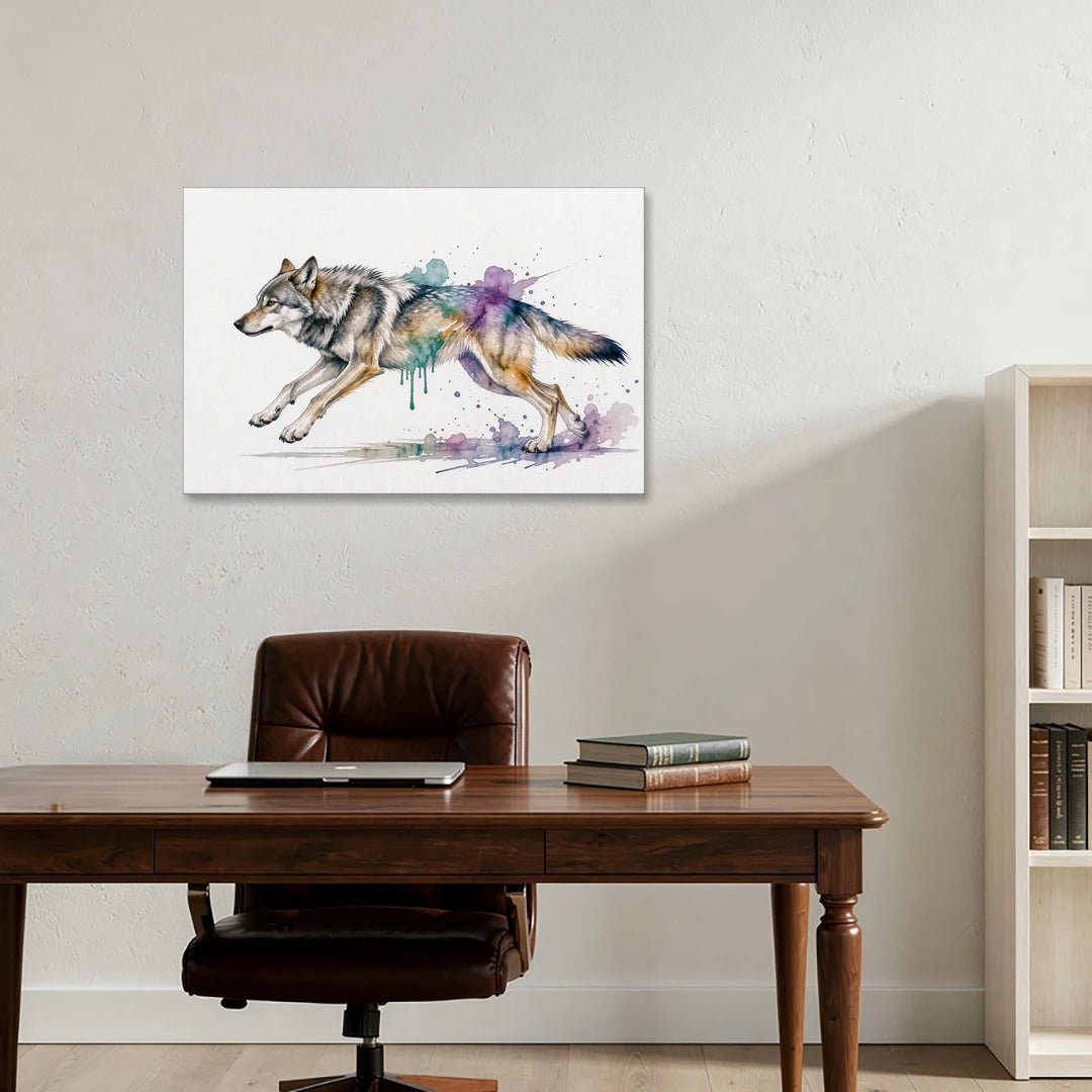 Wolf Watercolor Painting in Full Stride - Canvas Wall Art - Office - 36x24