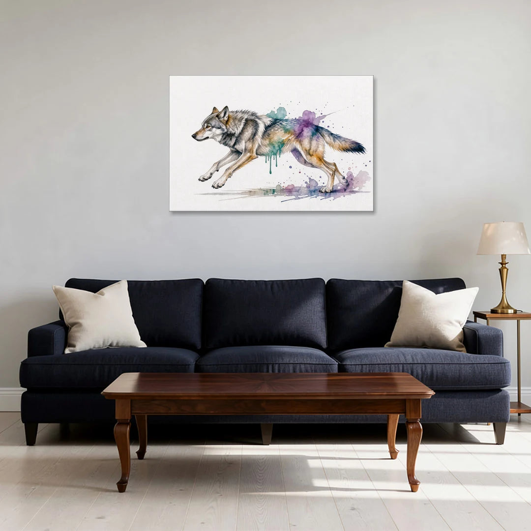 Wolf Watercolor Painting in Full Stride - Canvas Wall Art - Sofa - 36x24