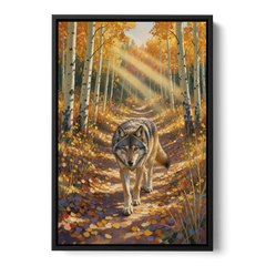 Wolf in Forest Painting on the Aspen Trail - Black Framed Canvas Wall Art - Front