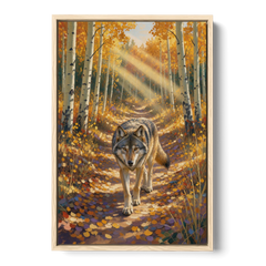 Wolf in Forest Painting on the Aspen Trail - Oak Framed Canvas Wall Art - Front