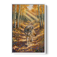 Wolf in Forest Painting on the Aspen Trail - White Framed Canvas Wall Art - Front