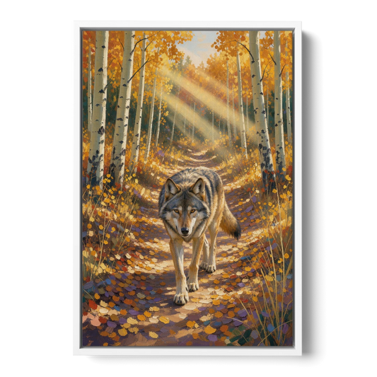 Wolf in Forest Painting on the Aspen Trail - White Framed Canvas Wall Art - Front