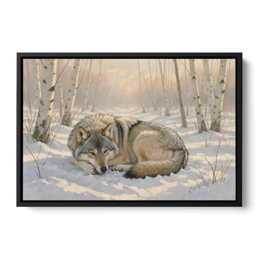 Wolf in Snow Painting Among the Birches - Black Framed Canvas Wall Art - Front