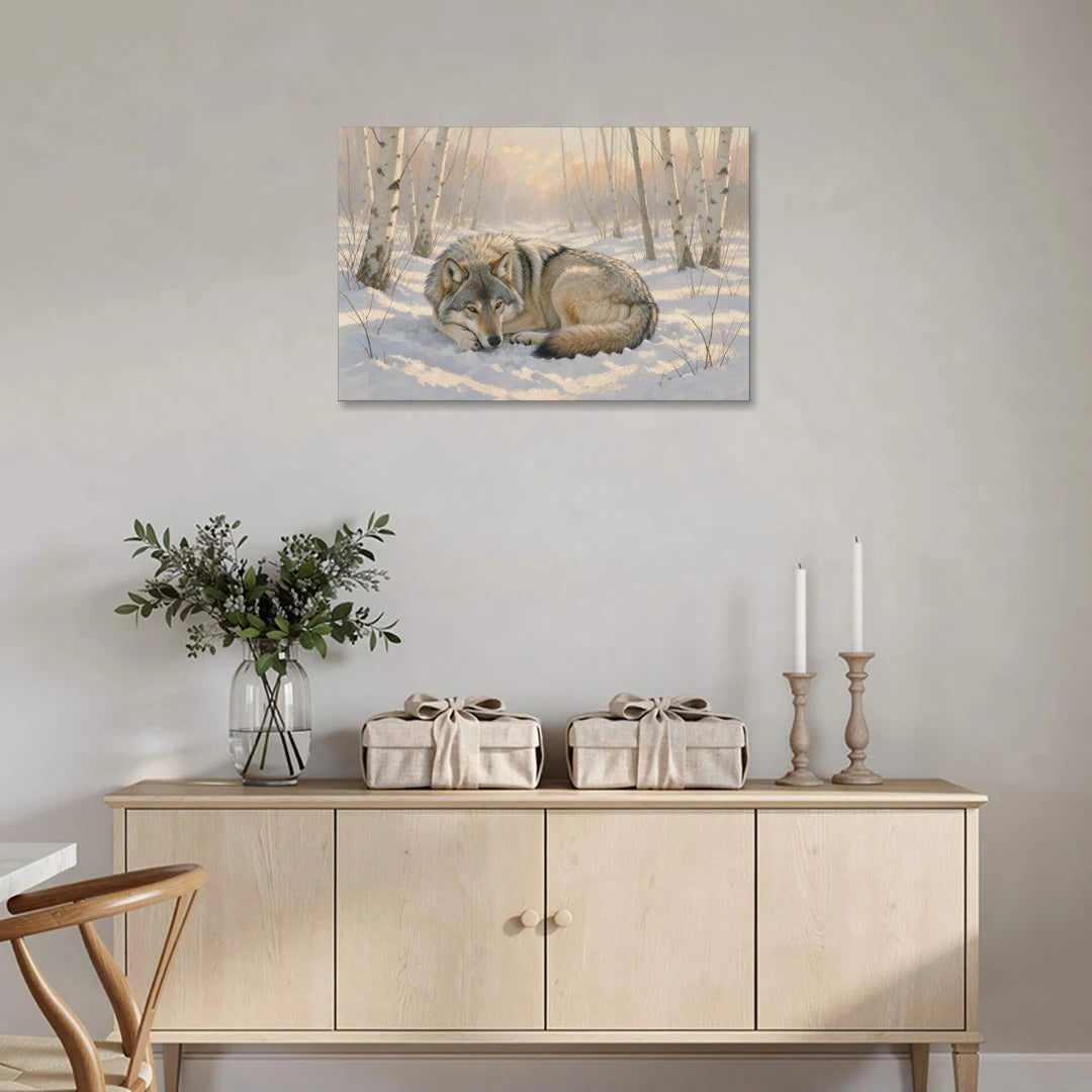 Wolf in Snow Painting Among the Birches - Canvas Wall Art - Coffee Table - 36x24
