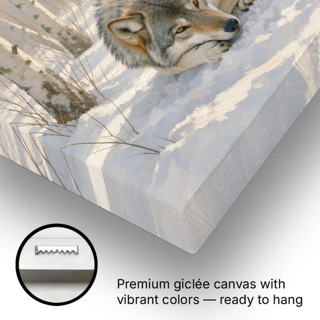 Wolf in Snow Painting Among the Birches - Canvas Wall Art - Gallery Wrap Corner