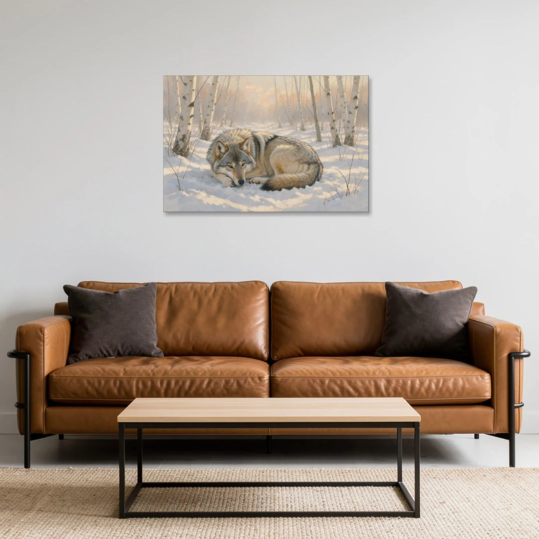 Wolf in Snow Painting Among the Birches - Canvas Wall Art - Sofa - 36x24