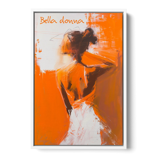 Woman Painting in Bold Orange Strokes - White Framed Canvas Wall Art - Front