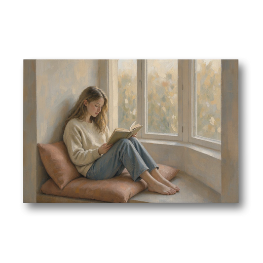 Woman Reading Painting on a Bay Window Seat - Canvas Wall Art - Front