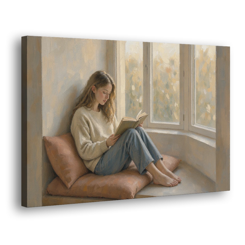 Woman Reading Painting on a Bay Window Seat - Canvas Wall Art - Side