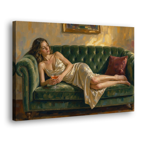 Woman on Sofa Painting with a Blush Coupe - Canvas Wall Art - Side