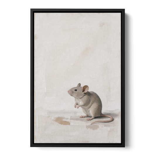 Wood Mouse Sitting Up for a Cream Nursery - Black Framed Canvas Wall Art - Front