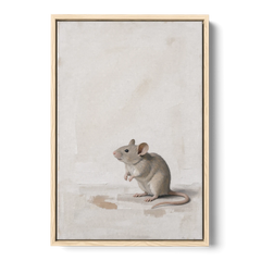 Wood Mouse Sitting Up for a Cream Nursery - Oak Framed Canvas Wall Art - Front