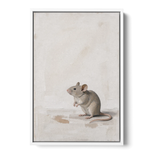 Wood Mouse Sitting Up for a Cream Nursery - White Framed Canvas Wall Art - Front