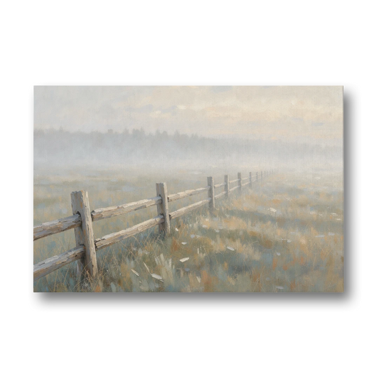 Wooden Fence Painting Through the Morning Mist - Canvas Wall Art - Front