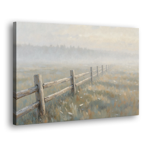 Wooden Fence Painting Through the Morning Mist - Canvas Wall Art - Side