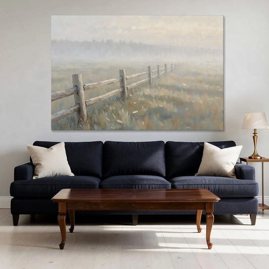 Wooden Fence Painting Through the Morning Mist - Canvas Wall Art - Sofa - 60x40