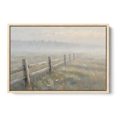 Wooden Fence Painting Through the Morning Mist - Oak Framed Canvas Wall Art - Front