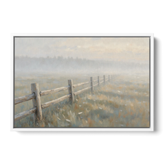Wooden Fence Painting Through the Morning Mist - White Framed Canvas Wall Art - Front