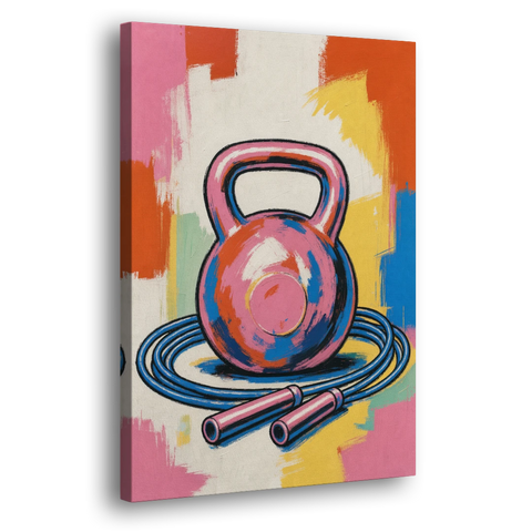 Workout Room Decor Pink Kettlebell and Jump Rope - Canvas Wall Art - Side
