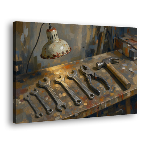 Wrenches, Pliers and Claw Hammer Under the Shop Lamp - Canvas Wall Art - Side