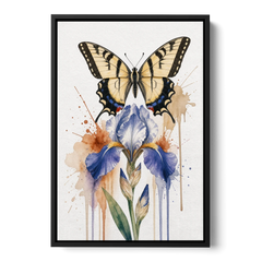 Yellow Butterfly Wall Art with Blue Flag Iris - Black Framed Canvas Wall Art - Front