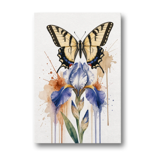Yellow Butterfly Wall Art with Blue Flag Iris - Canvas Wall Art - Front