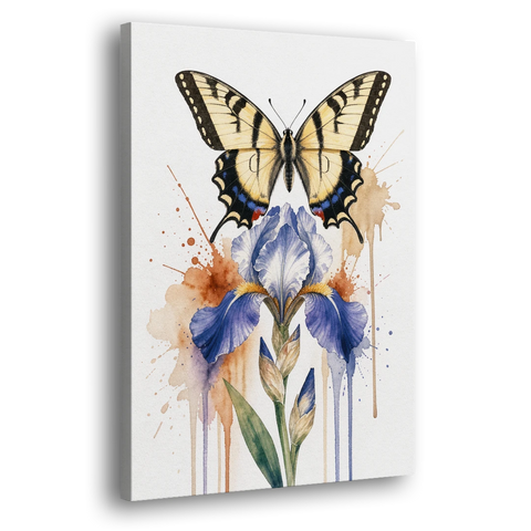 Yellow Butterfly Wall Art with Blue Flag Iris - Canvas Wall Art - Side