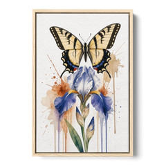 Yellow Butterfly Wall Art with Blue Flag Iris - Oak Framed Canvas Wall Art - Front