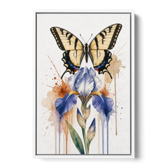 Yellow Butterfly Wall Art with Blue Flag Iris - White Framed Canvas Wall Art - Front
