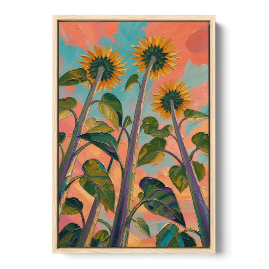 Impasto Yellow Flower Looking Up at Dusk - Oak Framed Canvas Wall Art - Front