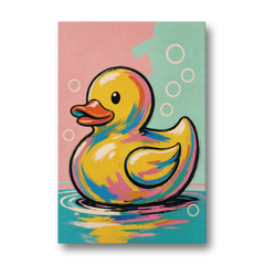 Yellow Rubber Duck Floating with Pop Bubbles - Canvas Wall Art - Front