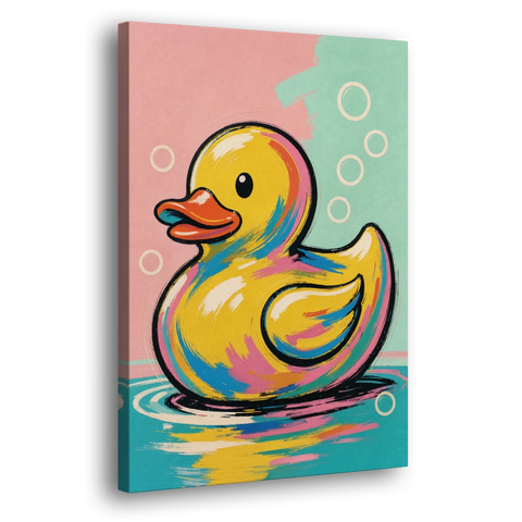 Yellow Rubber Duck Floating with Pop Bubbles - Canvas Wall Art - Side