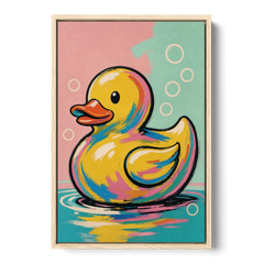 Yellow Rubber Duck Floating with Pop Bubbles - Oak Framed Canvas Wall Art - Front
