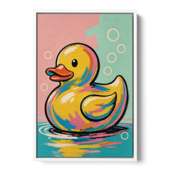 Yellow Rubber Duck Floating with Pop Bubbles - White Framed Canvas Wall Art - Front