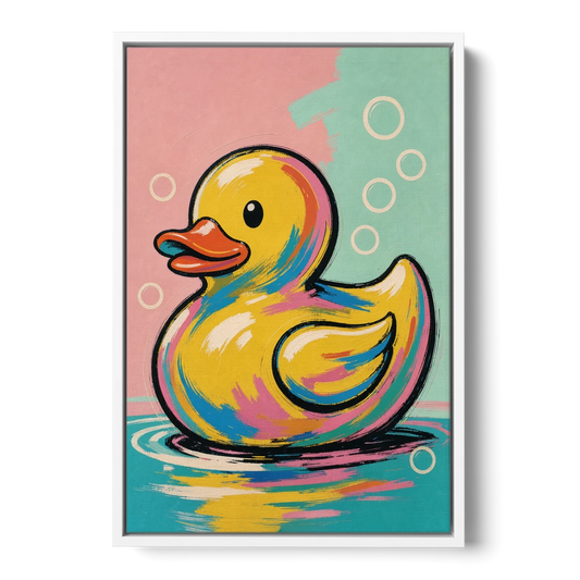 Yellow Rubber Duck Floating with Pop Bubbles - White Framed Canvas Wall Art - Front