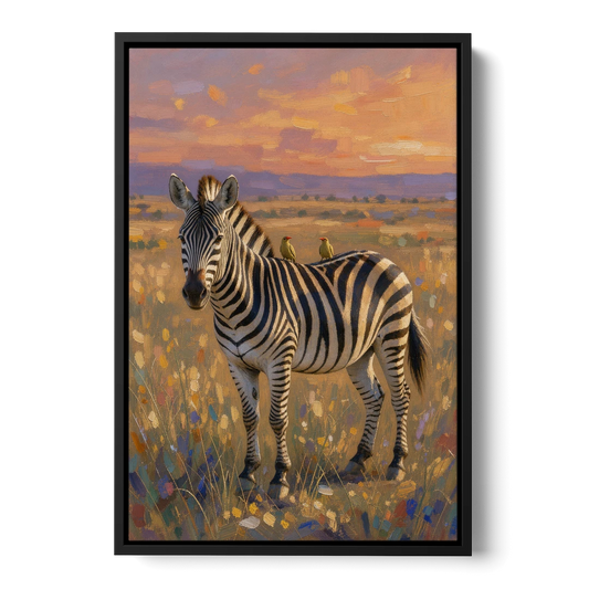 Zebra Art Print with Oxpecker Birds - Black Framed Canvas Wall Art - Front