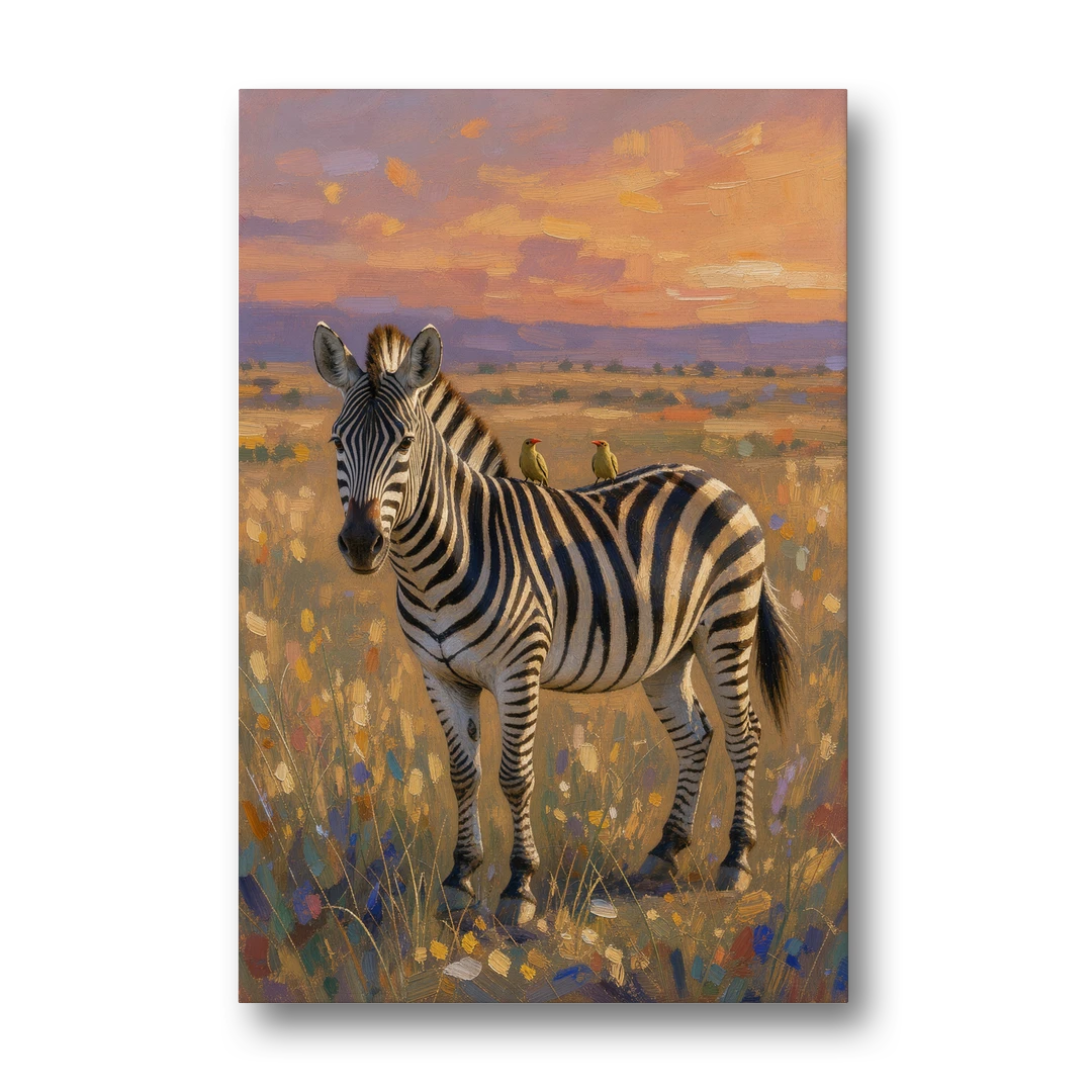 Zebra Art Print with Oxpecker Birds - Canvas Wall Art - Front