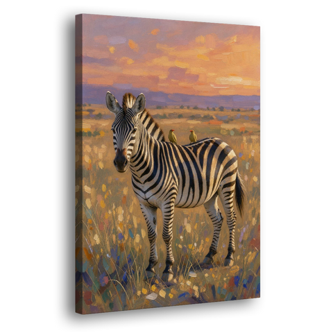 Zebra Art Print with Oxpecker Birds - Canvas Wall Art