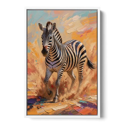 Safari Zebra Framed Art in Red Dust - White Framed Canvas Wall Art - Front