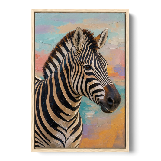 Safari Zebra Head in Sculpted Impasto - Oak Framed Canvas Wall Art - Front