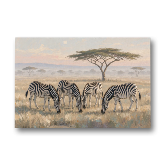 Zebra Grazing Under Acacia for the Living Room - Canvas Wall Art - Front