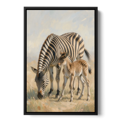 Zebra Mare Nuzzling Her Foal for the Bathroom - Black Framed Canvas Wall Art - Front