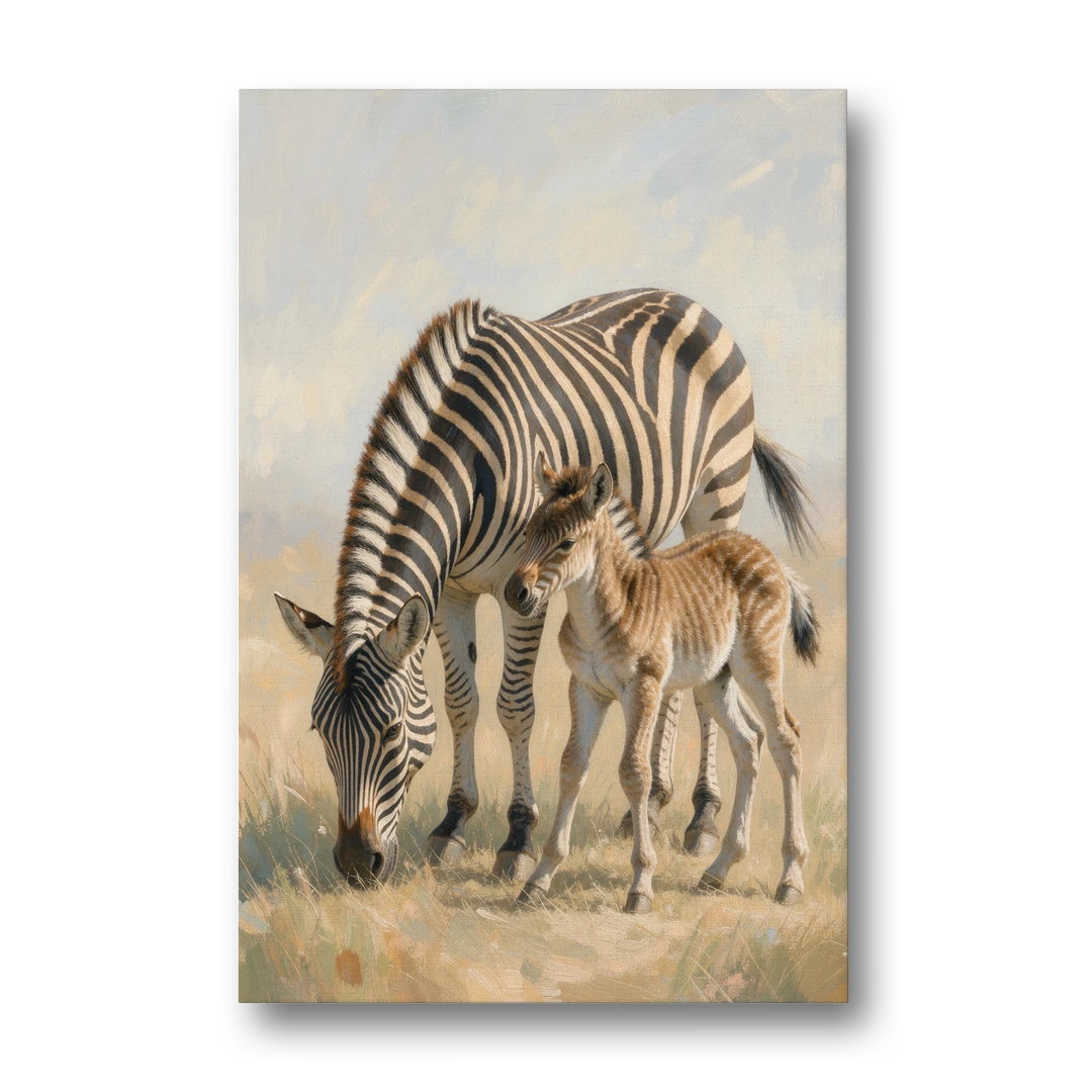 Zebra Mare Nuzzling Her Foal - Canvas Wall Art - Front