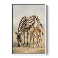 Zebra Mare Nuzzling Her Foal for the Bathroom - White Framed Canvas Wall Art - Front